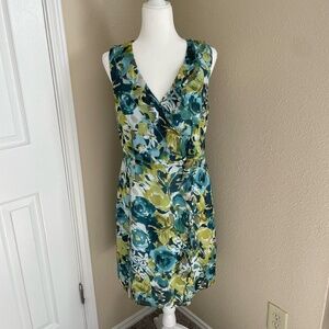 Pendleton  Sleeveless Green Blue Floral Silk Ruffle Dress Size 8 Petite